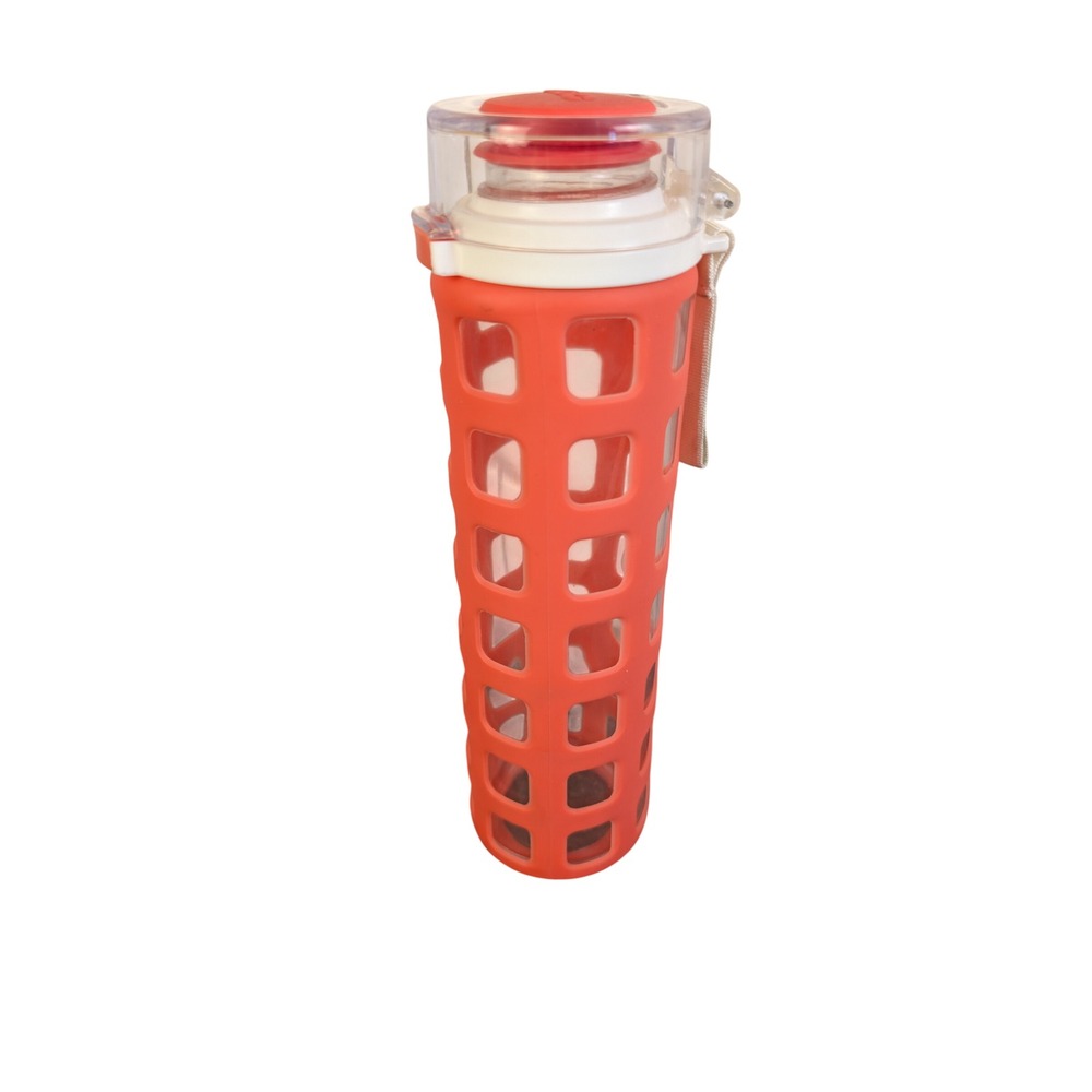 Ello 20oz Glass Water Bottle Silicone Sleeve Flip Lid Coral Orange‎ Red 591ml